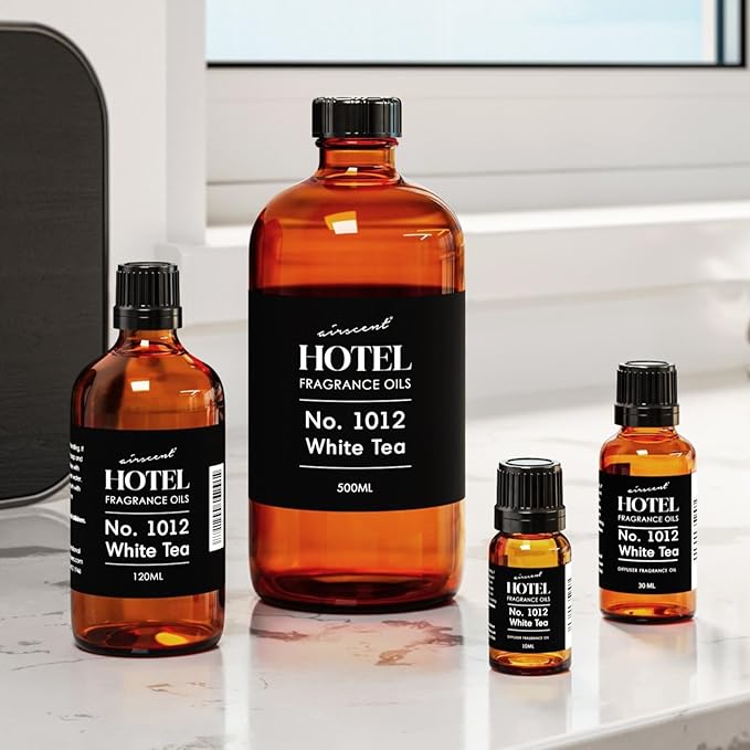 AirScent Hotel Diffuser Oil No. 1012 Inspired by The White Tea Hotel Scent - Premium Fragrance Oil for Ultrasonic and Waterless Diffusers and Crafting - 500 mL, 16.9 fl oz Glass Bottle