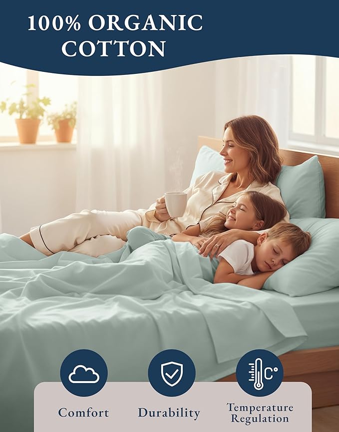 LANE LINEN 100% Organic Cotton Sheets King Size, 15" Deep Pocket Fully Elasticized Soft & Comfy Percale Bedding, Eco Friendly Naturally Temperature Regulating Cotton Sheets King- Cool Blue