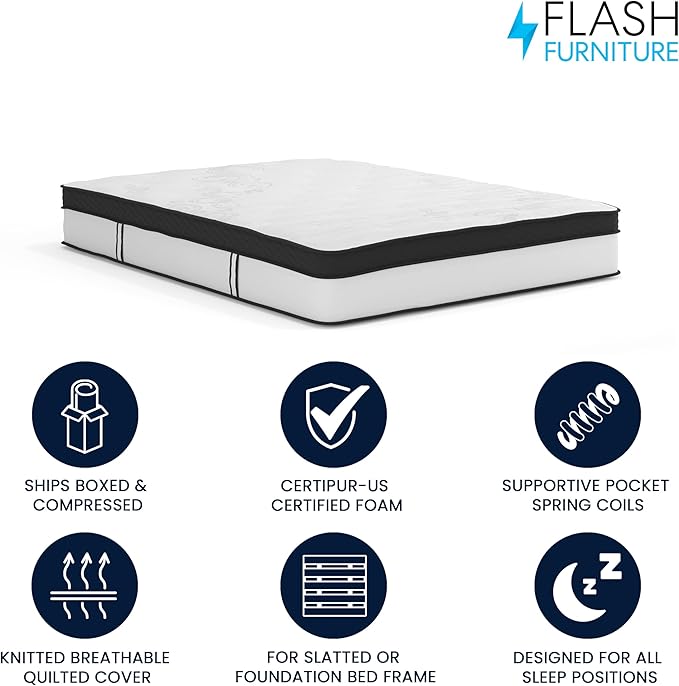 Flash Furniture Capri Comfortable Sleep 12" Hybrid Pocket Spring and Foam Mattress in a Box, Foam Pocket Spring Hybrid Mattress for Pressure Relief, Queen