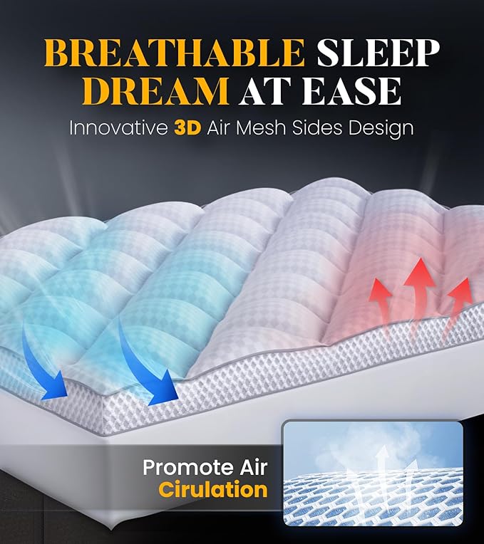 3 Inch Ultra-Fluffy Memory Foam Mattress Topper Queen for Back Pain, Extra Soft Pillow Top Queen Mattress Topper with 4X Support, Mattress Pad with Breathable Air Mesh Sides, 6-21'' Deep Pocket