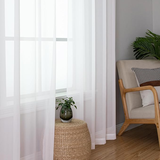White Sheer Curtains 68 Inch Length 2 Pcs, Voile Dual Rod Pocket Living Room - Image 7