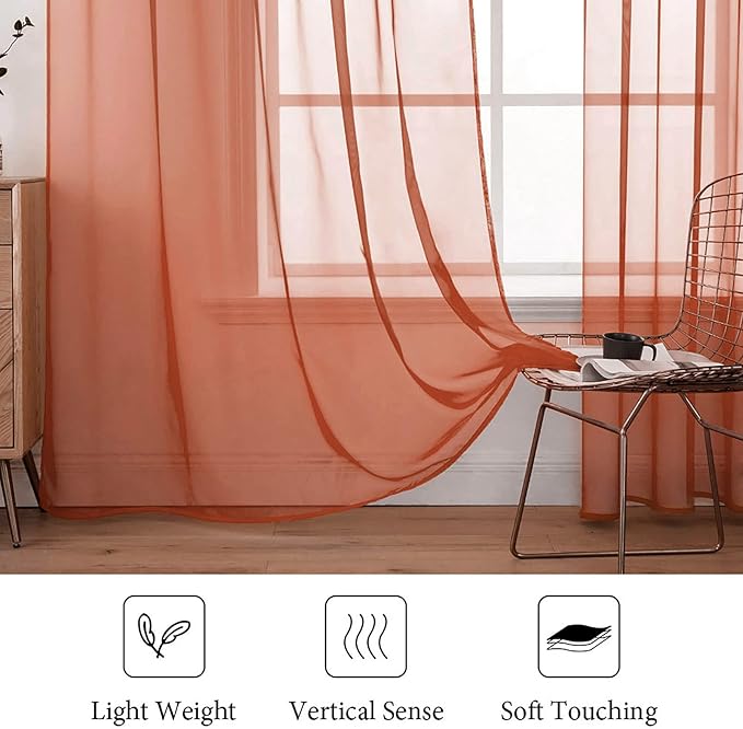 MIULEE Fall Burnt Orange Sheer Curtains 54 X 108 Inches, 2 Panels | Solid Color - Image 4