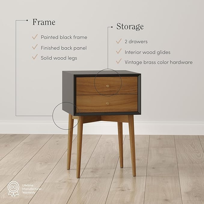 Nathan James Harper Modern Nightstand Side Accent or End Table with Storage Drawer, Set of 2, Black/Brown