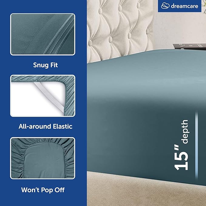 DREAMCARE King Size Sheets Set - Cooling Bed Sheets - 4pcs Set - up to 15" Deep Pocket King Sheet Set – Soft & Long Lasting Cooling - 100% Fine Brushed Microfiber with Side Pocket - Mineral Blue