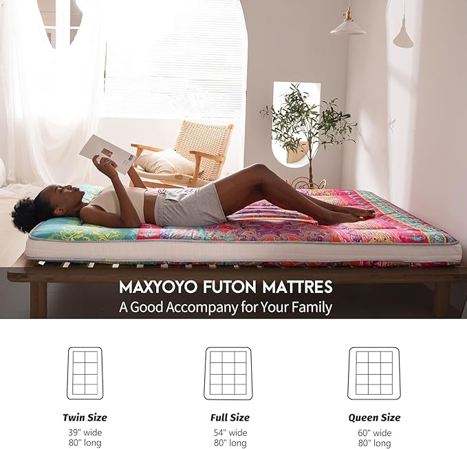 MAXYOYO Twin Futon Floor Mattress Shikibuton Sleeping Mats for Adults, Floor Futon with High-Density Foam, Portable Mattress for Living Room, Guest Room, Bohemian B