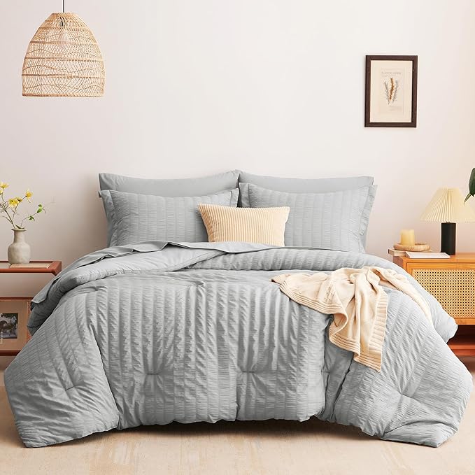 CozyLux King Size Comforter Set Light Grey Seersucker 7 Pieces Bed in a Bag King Comforter Set with Sheets, Luxury Bedding Set with Down Alternative Comforter, Sheets, Pillowcases & Shams All Seasons