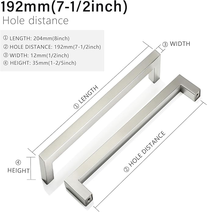 Cabinet Pulls Brushed Nickel Cabinet Handles Square Drawer Pulls, 30 Pack 7-1/2 Inch Stainless Steel Kitchen Door Cupboard Cabinet Handles, Cabinet Hardware Drawer Handles, 192mm Hole Centers