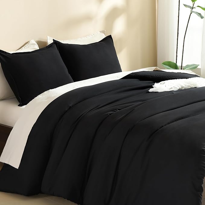 Litanika Black Comforter Set Queen Size, 3 Pieces Lightweight Solid Bedding Comforter Set, All Season Fluffy Bed Set (90x90In Comforter & 2 Pillowcases)
