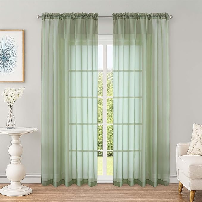 Sage Green Sheer Curtains 72 Inches Long 2 Panels Set, Transparent Voile Sheer by OWENIE