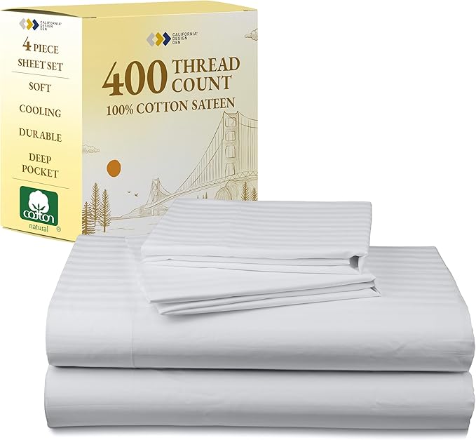 California Design Den Striped Queen Sheet Set - Soft 400 Thread Count Sateen, Natural 100% Cotton Sheets with Deep Pockets, Cooling and Durable Bedding Set - Striped White