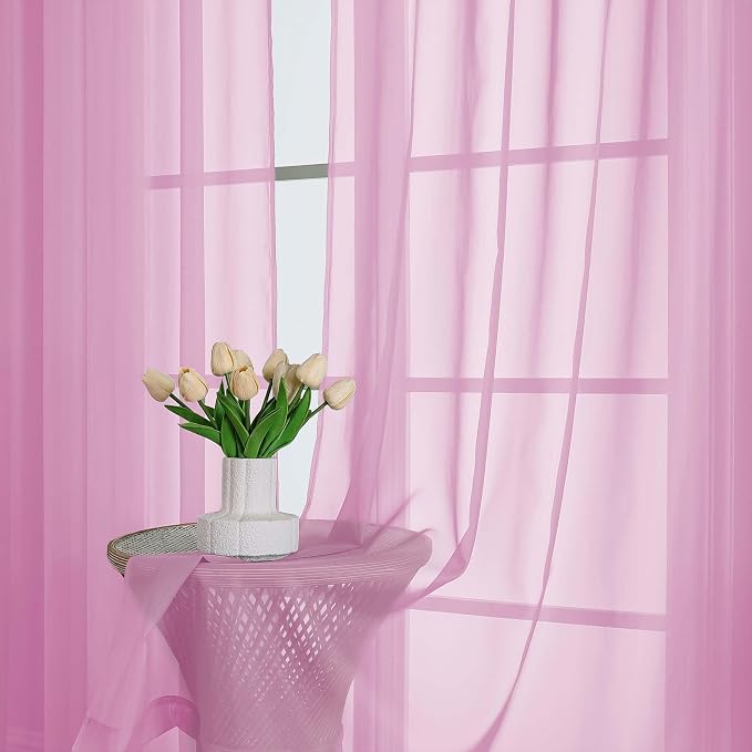Chyhomenyc Pink Sheer Curtains 96 Inches Long 2 Panels, Light Filtering Pink - Image 2