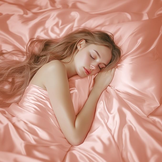 Love's cabin Twin Satin Sheets Sets - 3 Piece Coral Silky Bed Sheets with Deep Pockets, Luxury Silk Feel Satin Twin Size Sheet Set Bedding Set (1 Flat Sheet,1 Fitted Sheet,1 Pillow case)