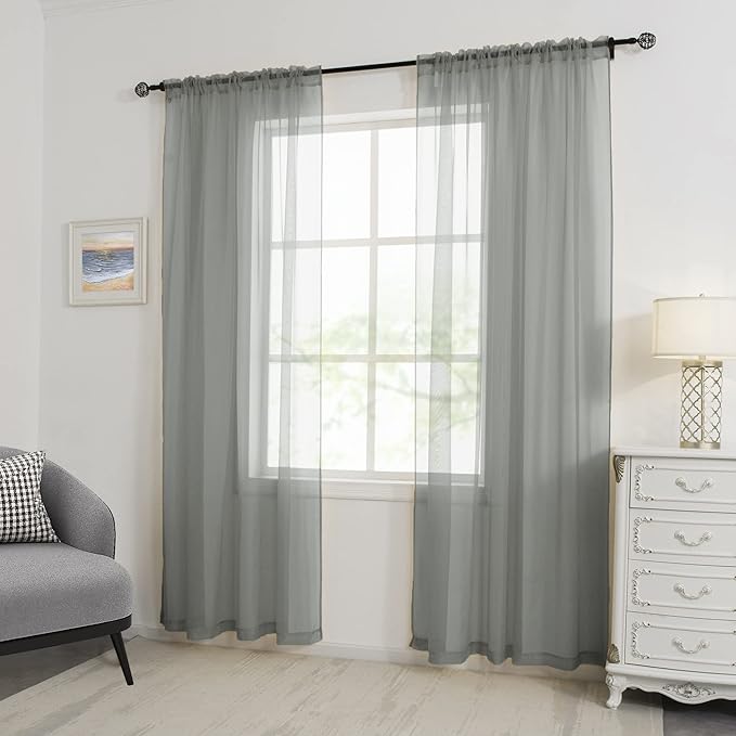 HUTO Sage Grey Sheer Window Curtains 108 Inches Long for Bedroom Girls Rod Pocket Window Sheer Panels Drapes 2 Panels Curtains for Living Room Canopy Bed Nursery