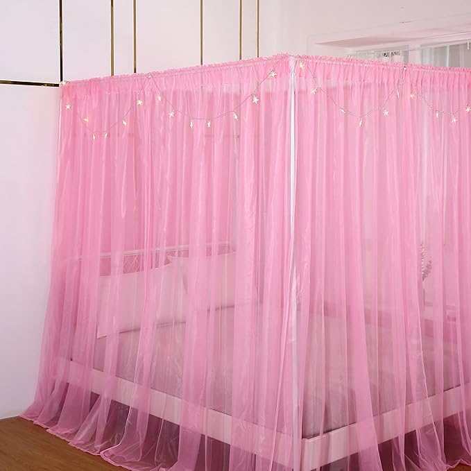Akiky Bed Canopy Panels Canopy Bed Curtains with Lights for Girls Boys Adults,Home Decoration Set of 8 Panels (Full/Queen, Pink)