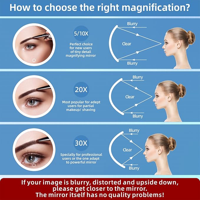 Lighted 10X Magnifying Mirror, 3 Color Modes Dimming Light, 6inch Large Rechargeable Magnified Mirror with 3 Suction Cups & 360° Stand, High Magnification Makeup Mirror with Tweezers & Scissors