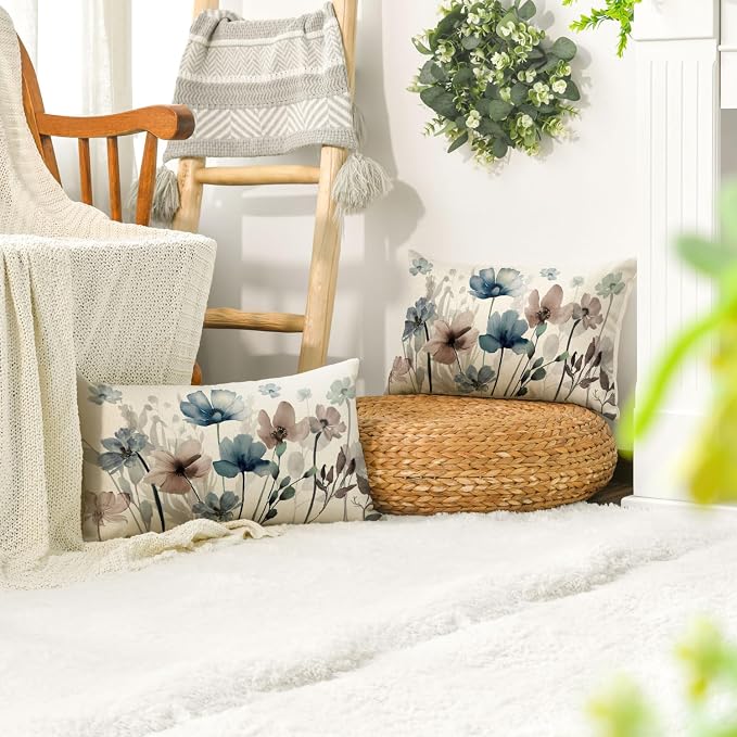 AVOIN colorlife Poppy Flowers Blue Brown Pillow Covers 12x20 Inch Set of 2 | - Image 4