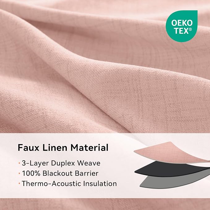 100% Blackout Linen Textured Curtains 108 Inch Long, Blush Pink | 100% Blackout - Image 4