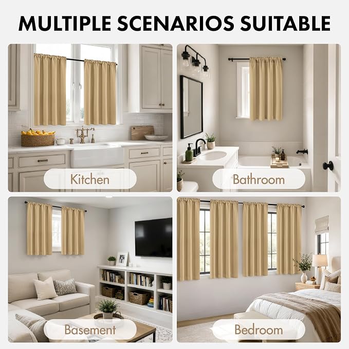 MIULEE Set of 4 Dark Beige 45 Inch Short Blackout Kitchen Window Curtains | - Image 5