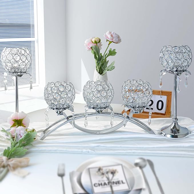 Set of 3 Gold Crystal Tea Light Candlestick Holders Flower Shape with Crystal Pendant Bowl Votive Metal Candle Holder for Table Centerpieces Wedding Home Decor (Set of 3, Silver)