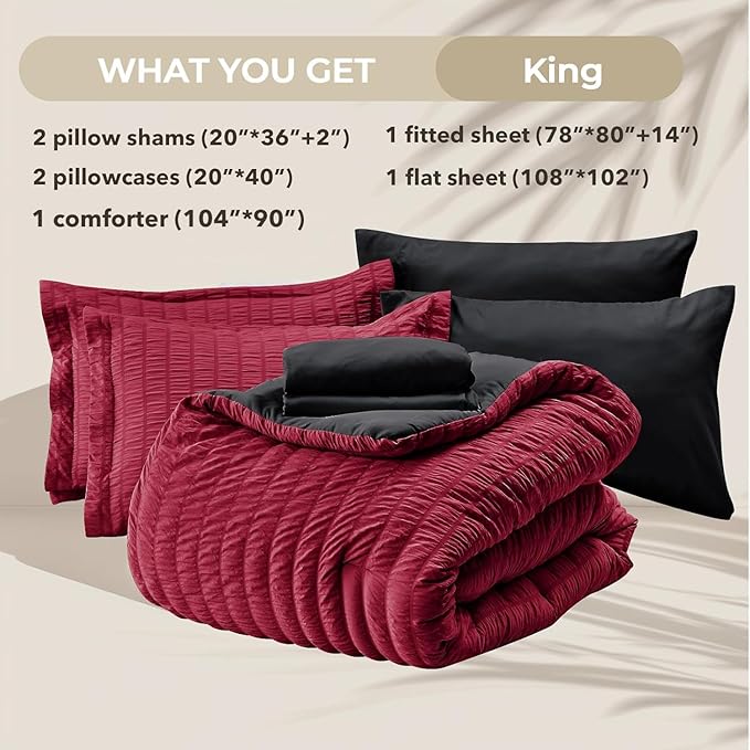 HYMOKEGE Red & Black King Size Comforter Set Seersucker 7 Pieces, All Season Luxury Bed in a Bag for Bedroom, Bedding Set with Comforters, Sheets, Pillowcases & Shams