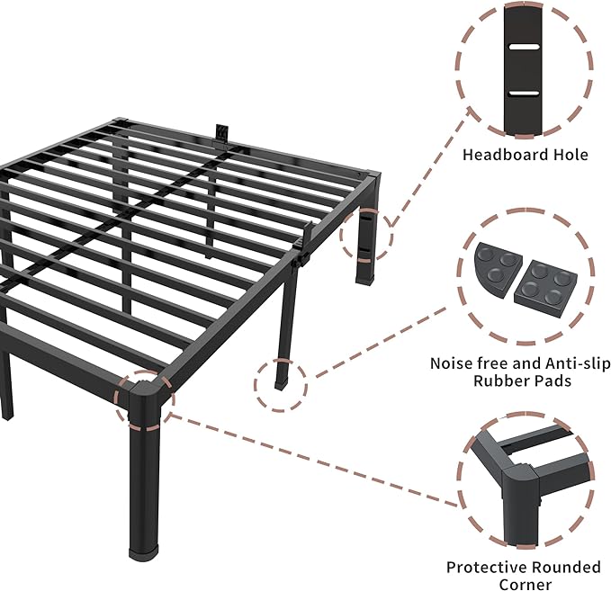 ROIL 12 inch Full Size Bed Frame with Headboard Hole and Round Corner Legs Mattress Retainers 3500LBS Heavy Duty Steel Slats No Box Spring Needed Platform Noise-Free Underneath Storage