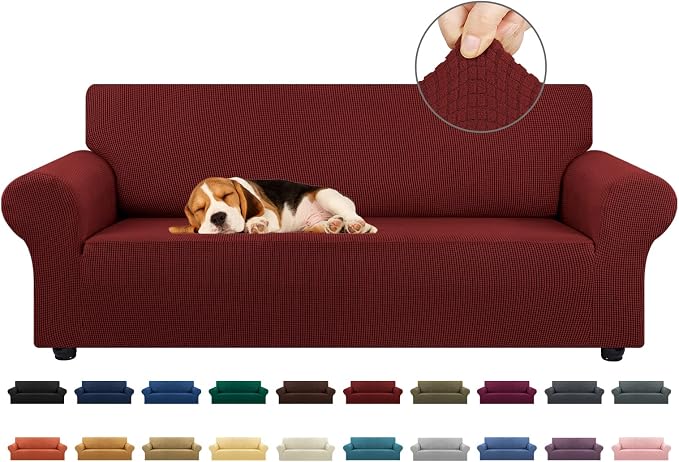 Stretch Couch Covers for Sofa, 3 Cushion Couch Slipcover, Dark Red | 1-Piece by KEKUOU