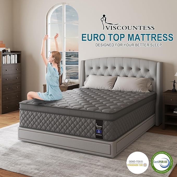 Full Mattress, 10 Inch Euro Top Mattress Grey Hybrid Medium Firm for Back & Lumbar Support, 100 Night Trial, Individual Pocket Spring for Motion Isolation & Pressure Relief