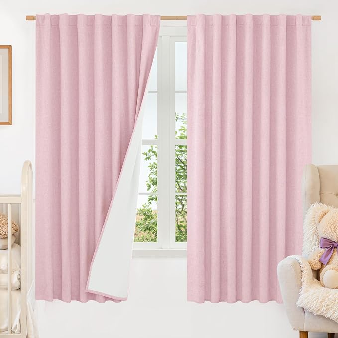 63 Inch Long 100% Blackout Linen Curtains 2 Panels by LAMIT