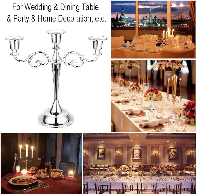 OwnMy 3 Arms Metal Candelabra Candlestick Silver European Elegant Candle Holder Candle Stand for Wedding Dining Table Christmas Party Home Decoration (Silver Tone)