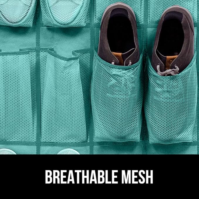 GORILLA GRIP Over the Door Shoe Organizer, 24 Large Breathable Mesh Pockets, Space Saving Hanging Storage Holder, Closet Rack Hanger Holds Up to 40 lbs, Hangs on Closets, Shoes, Accessories, Turquoise