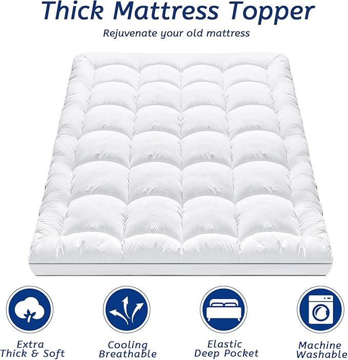 Twin XL Mattress Topper for Back Pain, Cooling Extra Thick Mattress Pad Cover with 8-21 inch Deep Pocket, Plush Pillow Top Mattress Topper Overfilled with Down Alternative, Twin Extra Long, White