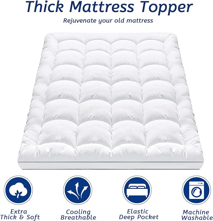 California King Mattress Topper for Back Pain, Cooling Extra Thick Mattress Pad Cover with 8-21 inch Deep Pocket, Plush Pillow Top Mattress Topper Overfilled with Down Alternative, Cal King, White