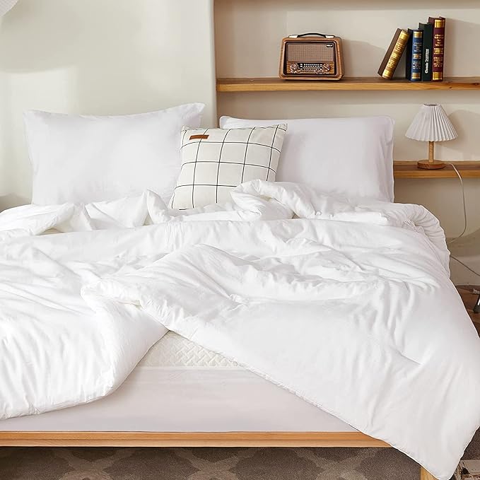 Litanika White Comforters Oversized Queen Size, 3 Pieces Lightweight Solid Bedding Comforter Set, All Season Fluffy Bed Set (98x98In Comforter & 2 Pillowcases)