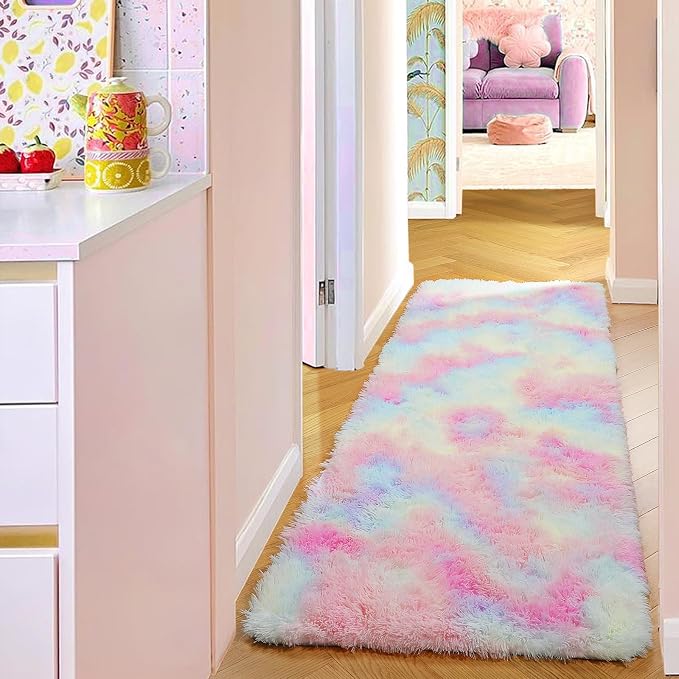 Rainbow Runner Rugs for Girls Bedroom Plush Fluffy Hallway Rug 2x6 Ft | Kawaii - Image 7