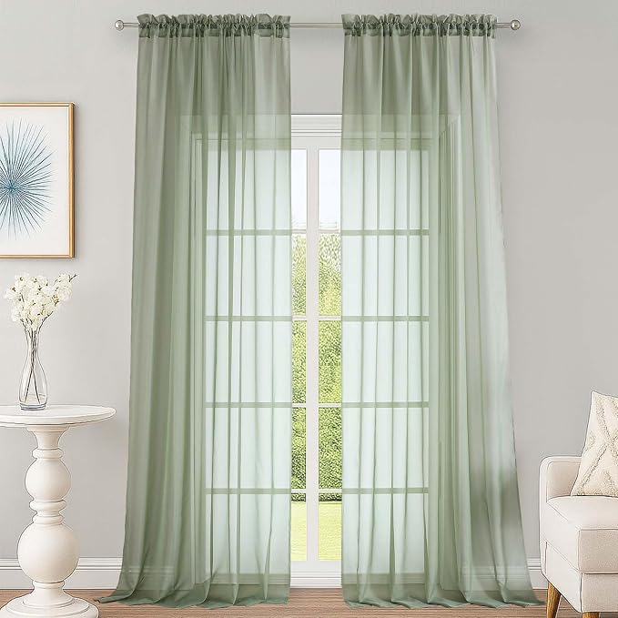 Extra Long Sage Green Sheer Curtains 144 inch 2 Panels Set, Translucent by OWENIE