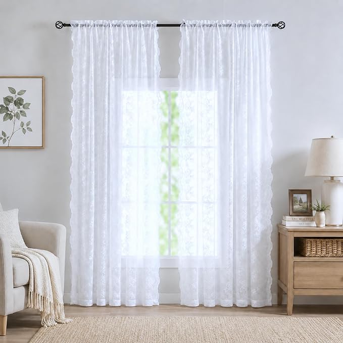 YJ YANJUN Vintage Lace Curtains 96 Inches Long Brilliant White 2 Panels | by YJYANJUN