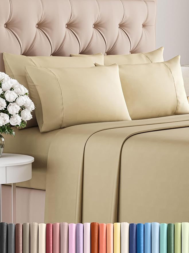 Cal King 6 Piece Sheet Set - Comfy Breathable & Cooling - Ultra-Soft Hotel Luxury Bedding Set with 8-16 Inch Deep Pockets - 1 Flat & 1 Fitted Sheet & 4 Pillowcases - Wrinkle Free & Easy Care - Beige