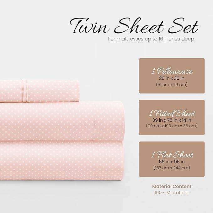 Linen Market Double-Brushed Patterned Microfiber Twin Sheet Set 3 Piece – Oeko-TEX Certified Ultra Soft & Wrinkle-Free - 16" Deep Pocket Sheets - Easy Care Twin Size - My Heart Pink