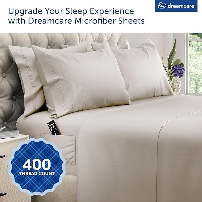 DREAMCARE Queen Sheet Set – 6 pcs Cooling Bed Sheets – up to 15” Deep Sheets Queen Size Bed Set – 2500 Supreme Collection – Extra Soft 100% Brushed Microfiber Hotel Luxury with Side Pocket – Beige