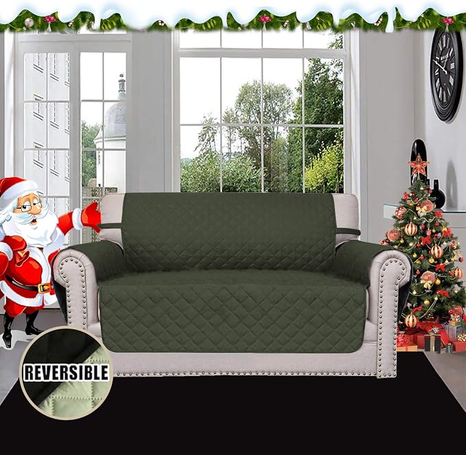 Easy-Going Reversible Couch Cover, 2 Cushion Sofa, Army Green/Beige | Loveseat - Image 2