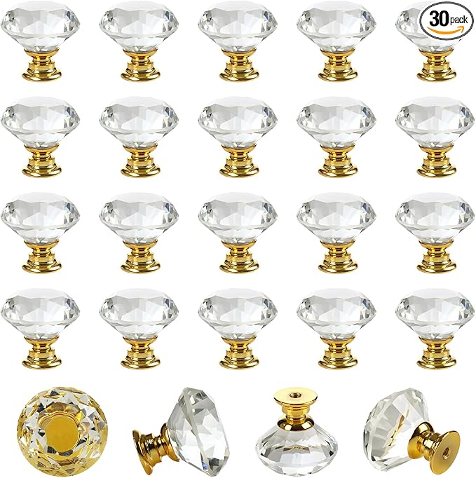 DEELF 30 Packs Kitchen Cabinet Knobs, 30 mm Crystal Cabinet Knobs, Diamond Dresser Handle Drawer Pulls, Dresser Knobs for Cabinets and Drawers, Gold Base
