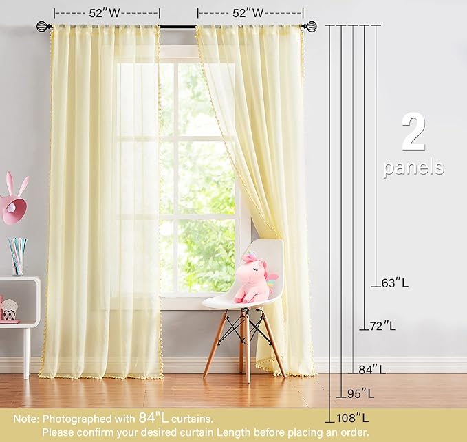 Treatmentex Pom-pom Sheer Curtains for Living Room, 84 inch Long Yellow Curtain Drapes for Kids Room 2 Panels Rod Pocket