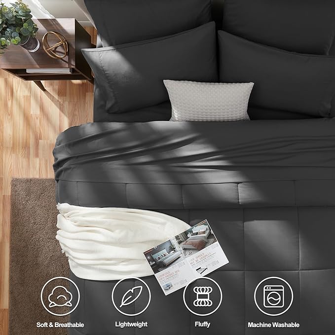 CozyLux Full Size Comforter Sets Dark Grey, 7 Pieces Bed in a Bag, Dark Grey Comforter Full Size, All Season Bedding Sets with Stitch Quilted Comforter, Flat Sheet, Fitted Sheet, Pillowcases