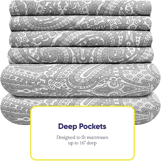 Full Size Bed Sheets - 6 Piece 1500 Supreme Collection Fine Brushed Microfiber Deep Pocket Full Sheet Set Bedding - 2 Extra Pillow Cases, Great Value, Full, Paisley Gray