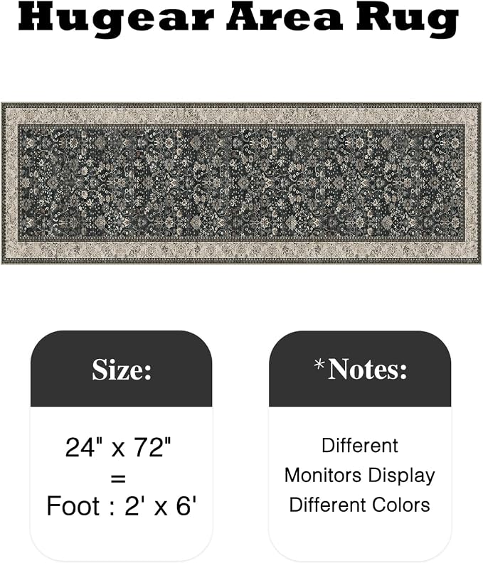 2x6 Black Beige Vintage Floral Washable Runner Rug - Image 2
