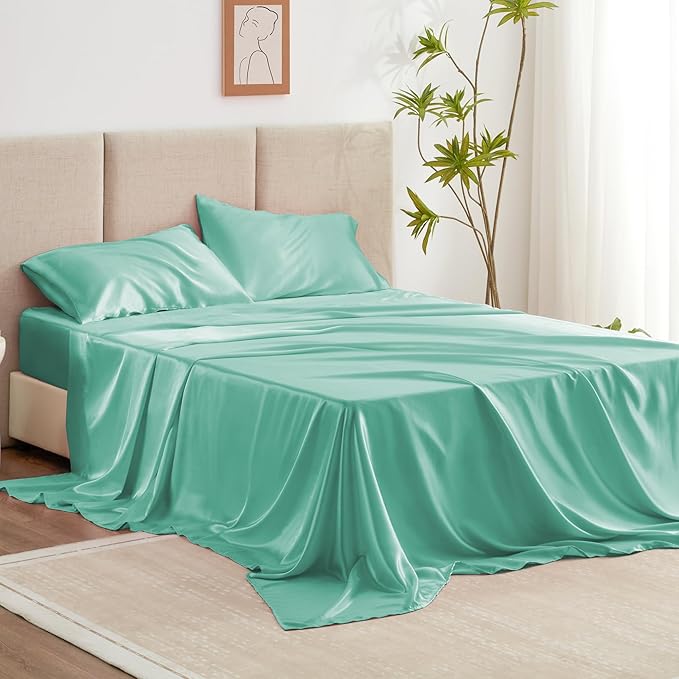 Love's cabin Twin Satin Sheets Sets - 3 Piece Aqua Silky ed Sheets with Deep Pockets, Luxury Silk Feel Satin Twin Size Sheet Set Bedding Set (1 Flat Sheet,1 Fitted Sheet,1 Pillow case)