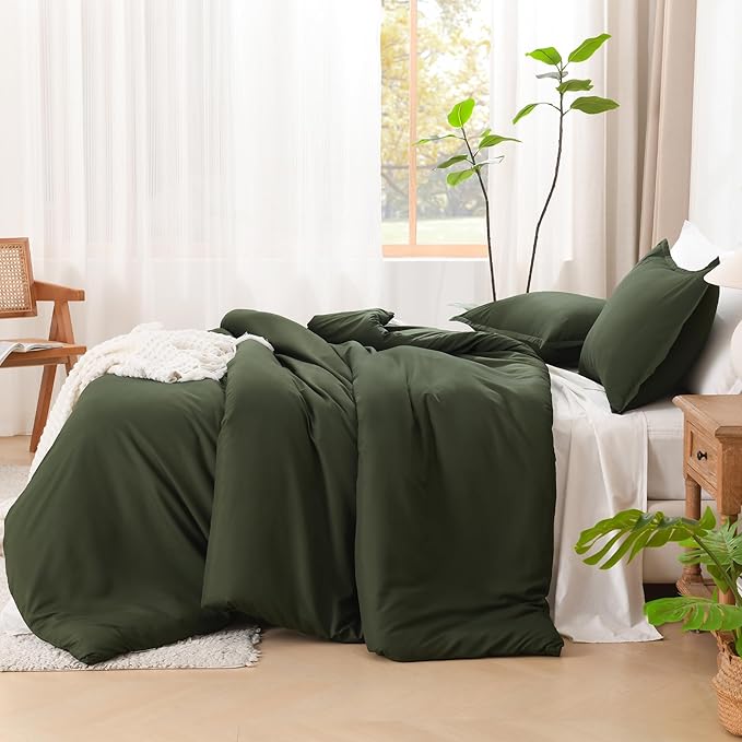 Litanika Dark Olive Green Comforter Set King, 3 Pieces Solid Bedding Comforter Set, All Season Fluffy Bed Set (104x90In Comforter & 2 Pillowcases)
