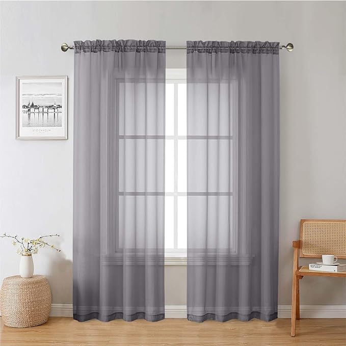 Charcoal Grey Sheer Curtains 78 Inches Long 2 Panels, Light Filtering Voile by Lecloud