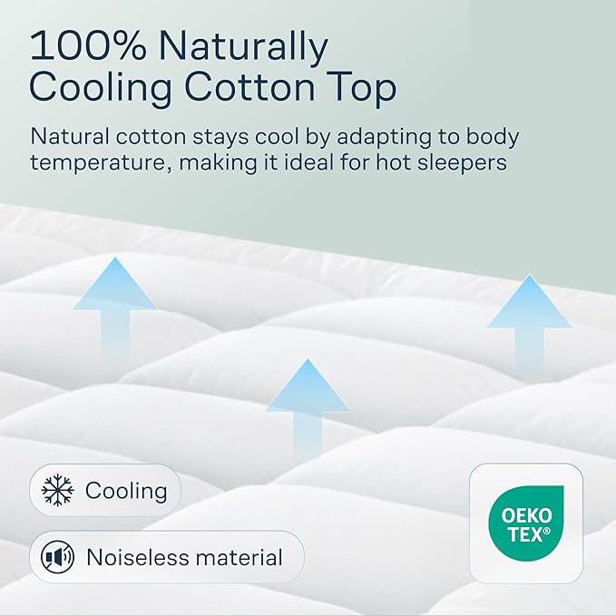 Cloud-Like Twin XL Mattress Topper - 100% Cotton Top Mattress Pad for Back Pain Relief - Breathable & Naturally Cooling for Hot Sleepers, White