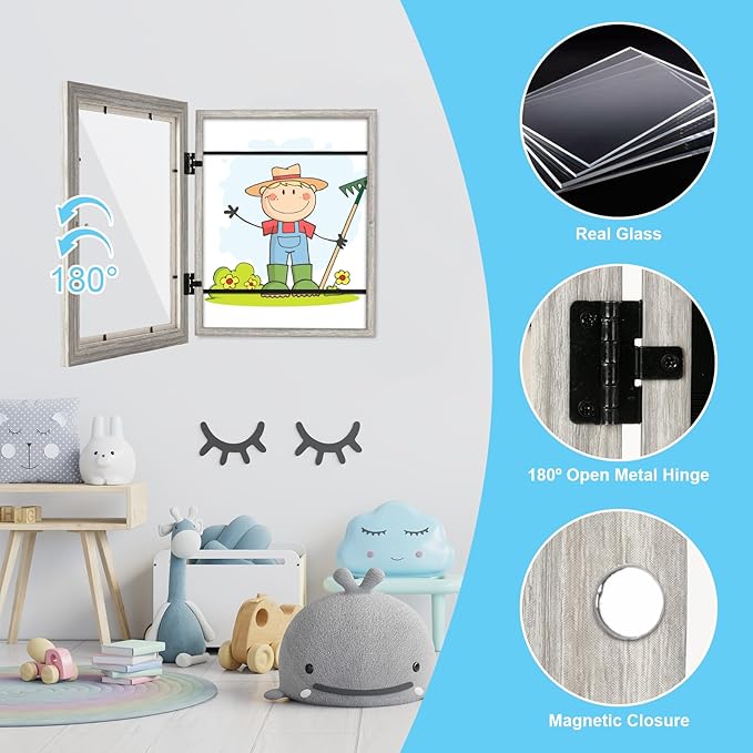 [3-Pack] Kids Art Frames, 8.5x11 Front Opening Kids Artwork Frames Changeable, Grey Wood Grain Artwork Display Storage Frame for Wall, Holds 50 Pcs, for 3D Picture, Crafts, Children Drawing, Hanging
